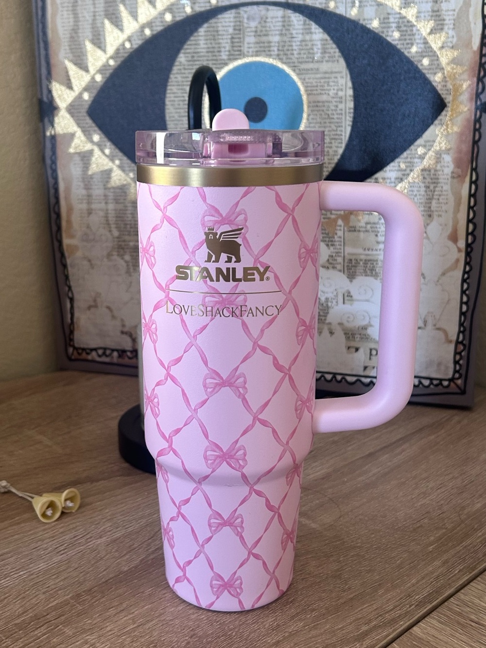 Stanley Pink Patterned Handle Travel Mug with Gold Logo